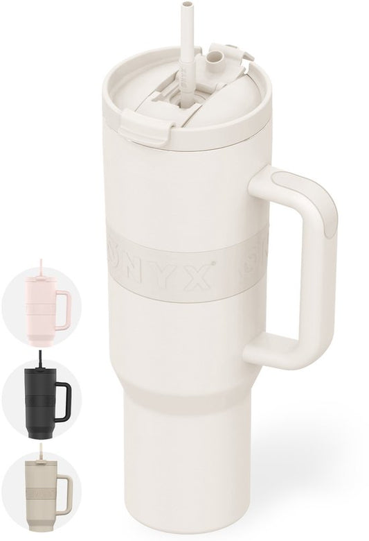 ONYX Trinkflasche mit Strohhalm 1 Liter - Trinkflasche für Kinder & Erwachsene - Thermoskanne Edelstahl-Reisebecher - Motivations-Trinker - Trinkbecher für die Schule - Coco White