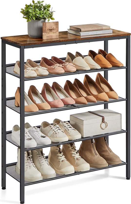 O'DADDY® Schuhregal - 5 Schichten - Schuhaufbewahrungssystem - Schuhregal - Schuhschrank - Schuhschrank - Industriedesign - Braunes Holz - Schwarzes Metall