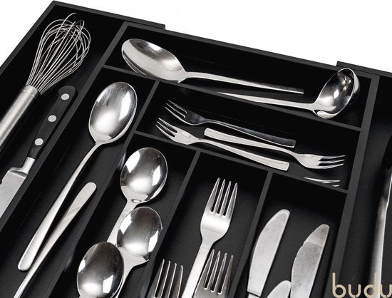 Budu Extendable Bamboo Cutlery Tray #47 (47 cm tief) - Schwarz - Besteckkassette Holz - Besteckschublade - 47 x 30.6 - 50 cm - 6/8 Fächer