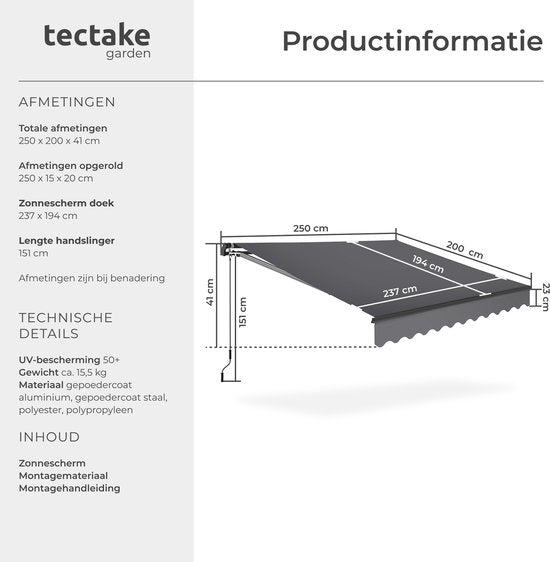 tectake® Sonnenschirm mit Gelenkarm - 250 x 200 cm - Markise - Sonnenschutz für Fenster, Balkon, Außenbereich - Wandmontage - Wasser- und UV-beständig - Dunkelgrau