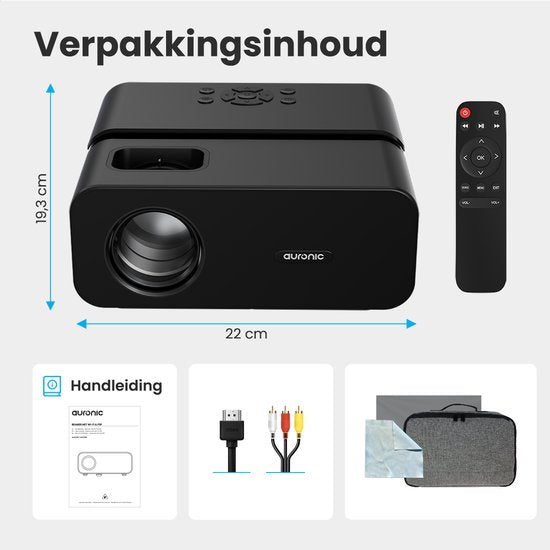 Auronic Beamer 10.000 Lumen - WiFi - 1080P Full HD - Streaming von Ihrem Handy - Smart Mini Beamer - IOS & Android - HDMI Kabel - Fernbedienung und Projektionsfläche - Schwarz