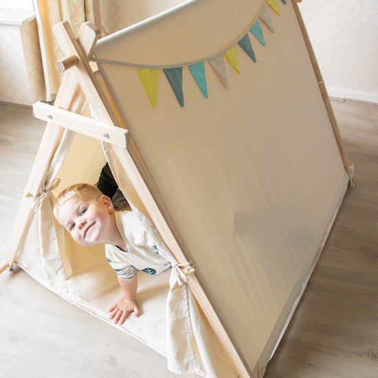 Sunny Sienna Spielzelt mit Fahnen und Bodenmatte Creme - Wigwam Tipi-Zelt für Kinder mit Pendel & Aufbewahrungstasche - FSC Holzstangen - 120x100x105cm