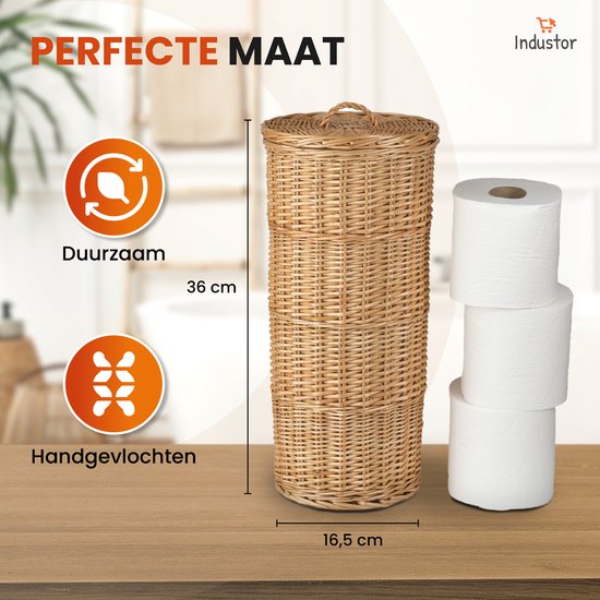 Industor® Toilettenpapierhalter Standing of hand-woven Wicker - Toilettenpapierhalter für 3 Rollen mit Deckel - Toilettenpapierhalter, Badaccessoires und Dekoration