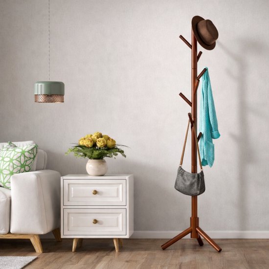 Bayt Garderobe - Stehende Garderobe - Garderobenständer Holz - Garderobenständer - 8 Haken - 175 cm - Braun