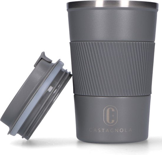 Castagnola Thermos Cup - Kaffeebecher To Go - Reisebecher für Kaffee und Tee - Teebecher - 380 ML - Edelstahl - Grau