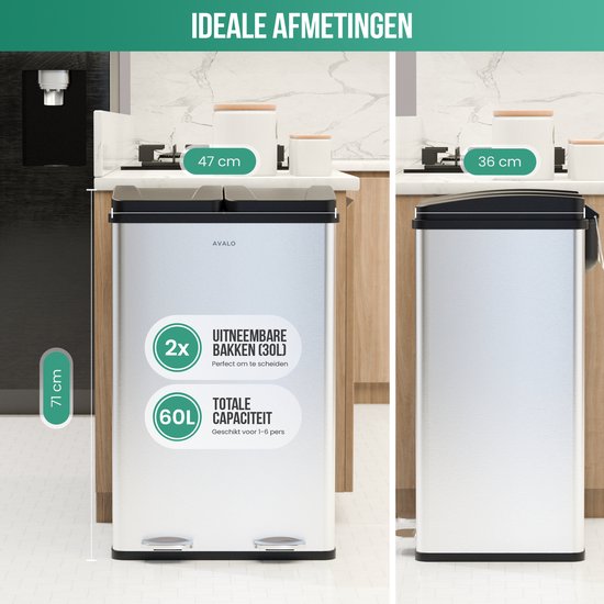 Avalo Mülleimer Abfalltrennung 60 Liter - Edelstahl Silber - 2 Fächer - Umweltbewusst, Hygienisch & Fingerabdruckfrei - Treteimer / Mülleimer