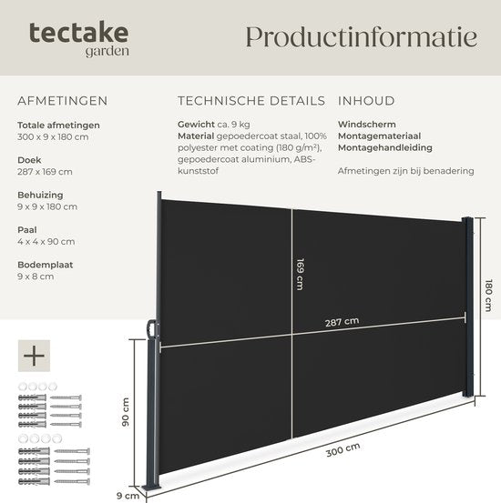 tectake® Ausziehbarer Windschutz mit Aufrollmechanismus – 300 x 180 cm – Seitenmarkise mit Aluminiumrahmen – Sonnenschutz – Gartenschutz – Schwarzer Balkon-Sonnenschutz – Undurchsichtiger Sichtschutz – Markisentuch