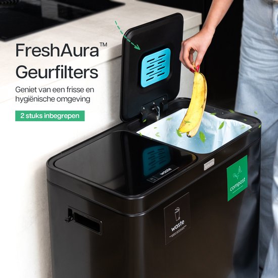Deleca Wertstoffbehälter mit 2 Fächern - 60 Liter (2x30) Abfallbehälter - Mülltrennung / Pfandbehälter / Tret-Abfallsammler - Mülleimer mit FreshAura Geruchskontrolle - Slow Close - Edelstahl Schwarz