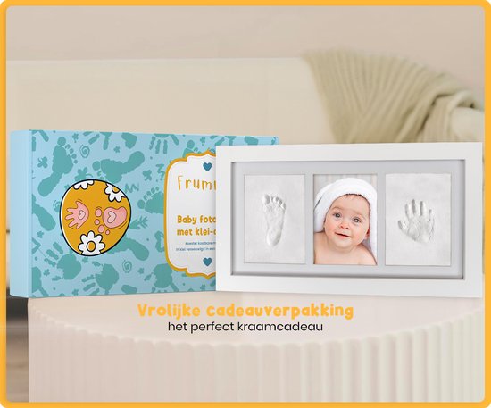 Frummel Fotorahmen Baby (33 x 18 cm) - Tonabdruck (Gipsabdruck Baby) - Besser als Gipsabdruck - Hand-Fuß-Abdruck - Mutterschaftsgeschenk Mädchen / Mutterschaftsgeschenk Junge - Weihnachtsgeschenk