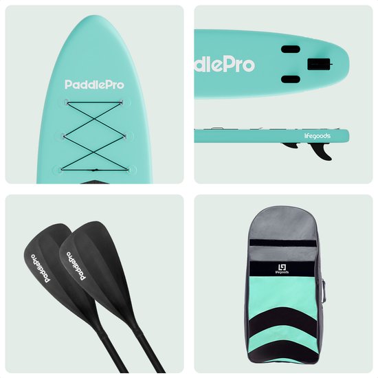 LifeGoods PaddlePro SUP Board - Aufblasbares Paddle Board - Komplettset - Max. 135KG - 320x81cm - Pastellgrün