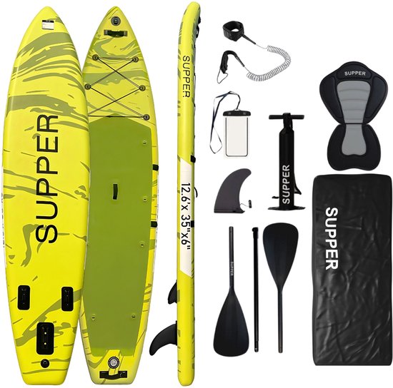 Supper Sup Board XL - Max. 220KG - Aufblasbar - Verstellbares Paddel - Wasserdichte Handytasche - Pumpe - Finne - Tragetasche - Touring 381 x 81 cm - Lime Green