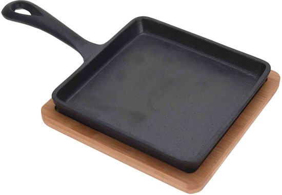 Excellent Houseware Servierpfanne mit Ablage - Gusseisen - Bambusholz - 14 cm