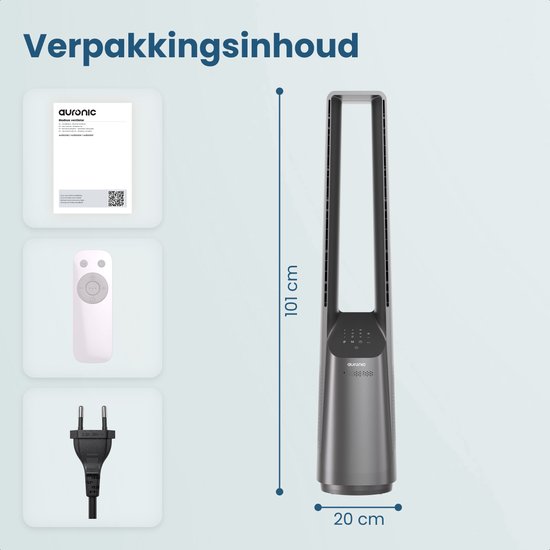 Auronic Tower Fan - Lamellenloses Modell - Luftkühler - Bodenventilator - Leiser Standventilator - 101 CM - 6 Geschwindigkeiten - Ventilator - Mit Timer - 39 dB - Hellgrau