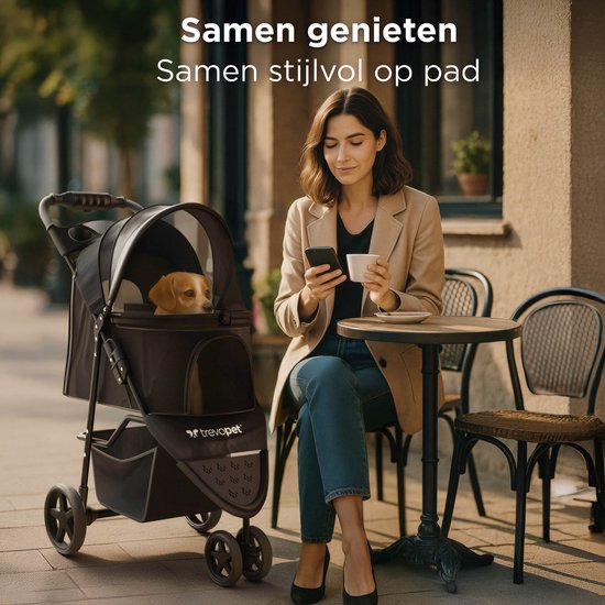 TrevoPet® Zusammenklappbarer Hundebuggy - für kleine und mittelgroße Hunde bis 15 kg - wasserabweisend mit Becherhalterung, Aufbewahrungskorb - Schwarz