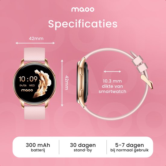 Maoo Ventura AMOLED Smartwatch - Edelstahl - 3x Silikonband - Schrittzähler, Herzfrequenzmesser und Schlafüberwachung - Multisport - Für Android und iOS - Damen - Rose Gold/Pink