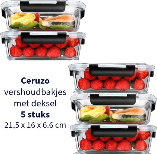 Ceruzo Meal Prep Trays - 5 Stück Frische-Schalen - Borosilikatglas- Luftdicht- 21,5 x 16 x H6,6 cm