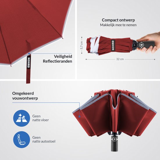 Nohrd Storm Umbrella - Bordeaux Rot - Regenschirm faltbar - Sturmsicher 108 km/h - Sturmschirme - Automatisch auf- und abklappbar - Reflektierend - Regenschirme - Inkl. Schutzhülle