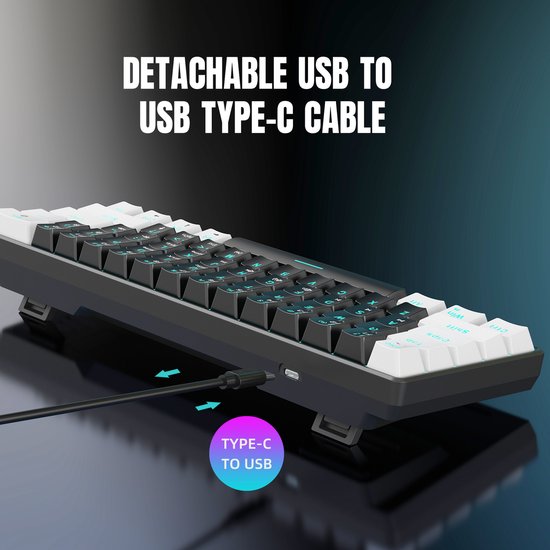 HXSJ V900 - Wired Gaming Keyboard - Mechanisch - RGB - Blauer Schalter - 61 Tasten - QWERTY-Tastaturen - Schwarz weiß