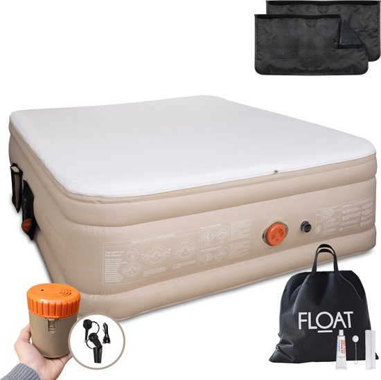 FLOAT CloudSpring - 2-Personen-Luftbett mit (5 cm) Schaumstoffauflage - <3 min schnelles Aufblasen - Inklusive 2 Aufbewahrungstaschen, Tragetasche und Reparaturset - 203x152x46 cm - Selbstaufblasende Zwei-Personen-Luftmatratze - Eingebaute elektrische Pum