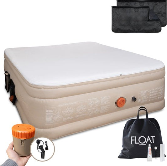 FLOAT CloudSpring - 2-Personen-Luftbett mit (5 cm) Schaumstoffauflage - <3 min schnelles Aufblasen - Inklusive 2 Aufbewahrungstaschen, Tragetasche und Reparaturset - 203x152x46 cm - Selbstaufblasende Zwei-Personen-Luftmatratze - Eingebaute elektrische Pum