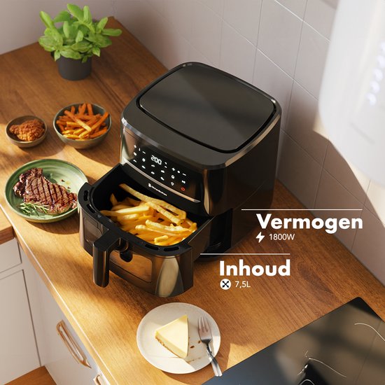 KitchenBrothers Airfryer XXL - 7.5L - 1800W - Heißluftfritteuse - Duale Heizung - 50ºC bis 200ºC - 10 Kochprogramme - Schwarz