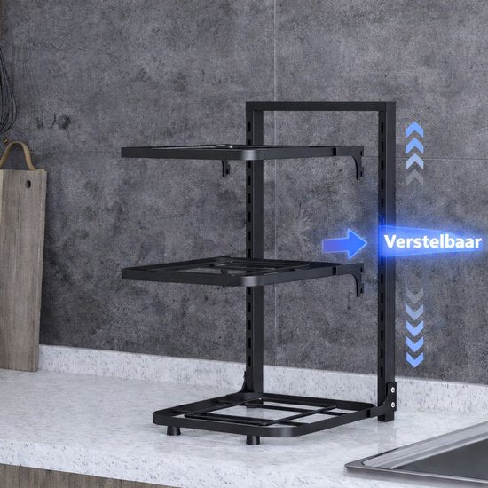 Ceruzo Verstellbarer Topf- und Pfannenständer - 3 Schichten - Platzsparend - Kohlenstoffstahl - 23 x 27 x 43 cm