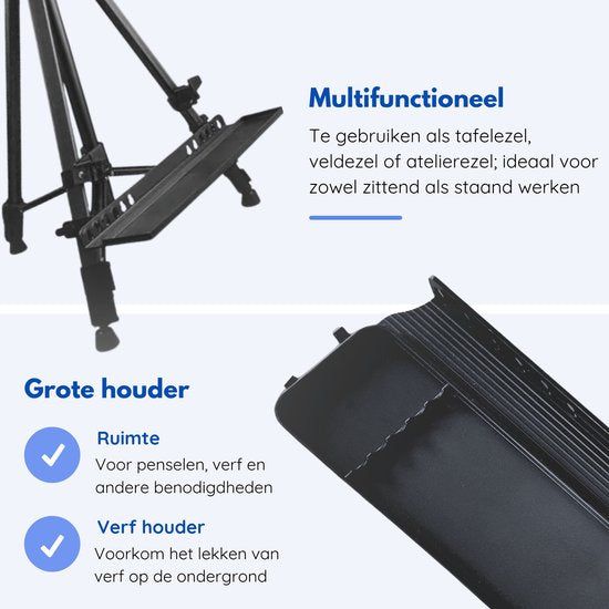 Hilvard - Staffelei für Erwachsene - Tisch Staffelei - Feld Staffelei - Verstellbar - Quick Grip & Release Bracket - Schwarz - Geeignet für Maltücher - Studio Staffelei - Inkl. Aufbewahrungstasche - 54 cm bis 156 cm