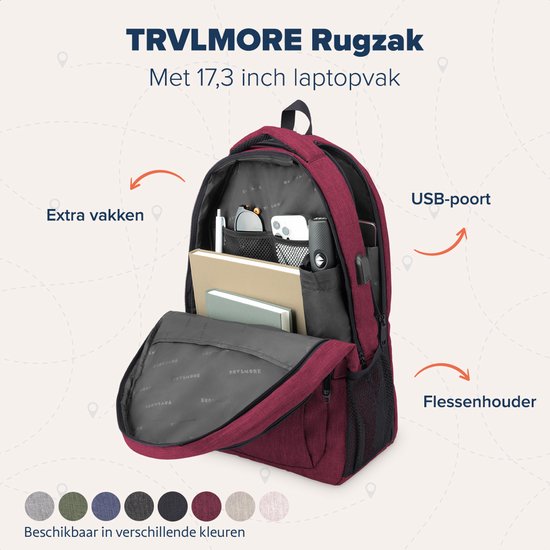 TRVLMORE Rucksack - Rucksack mit 17.3 Zoll Laptopfach - Schultasche - Spritzwassergeschützt - Männer und Frauen - Jungen und Mädchen - 36L - Burgunderrot