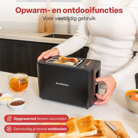 AoraKitchen Toaster - Mit Toastklammern - 6 Heizstufen - LED-Bildschirm - Timer - Schwarz