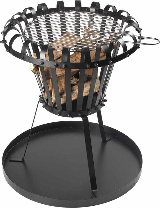 Perel Feuerkorb, mit Chrom-Grillrost, Bodenplatte, rund, 53,5 x Ø 50 cm, Metall beschichtet, schwarz