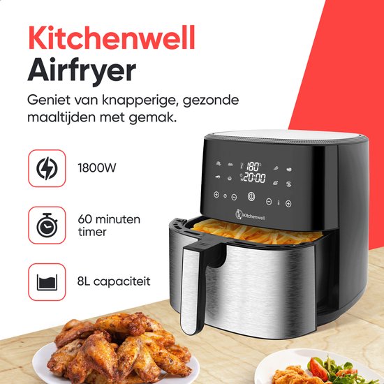 Kitchenwell AirFryer - Heißluftfritteuse - 8L Kapazität - 80-200℃ - Timer - 1800W - Schwarz