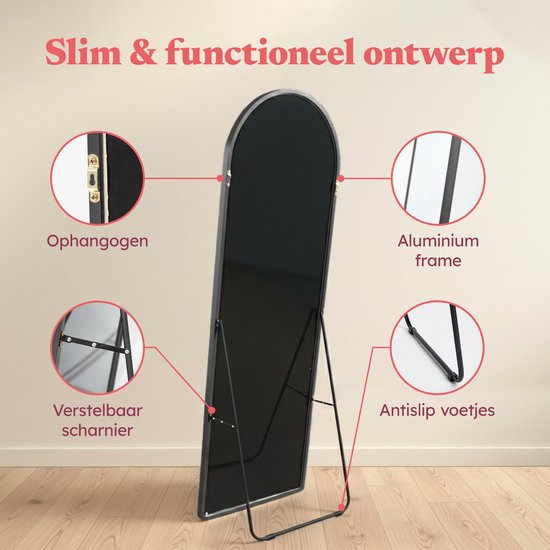 Fraay Pass Mirror 160x55cm - Stehend & hängend - Minimalistischer Wandspiegel - Stehspiegel - Schwarz Matt