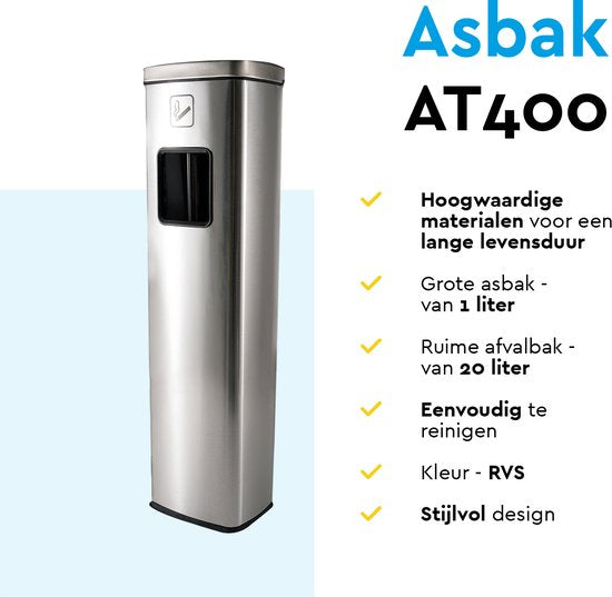 BRASQ Stehender Aschenbecher Edelstahl - Outdoor Aschenbecher mit 20 Liter Abfallbehälter - Raucherstange - Mülleimer mit Aschenbecher