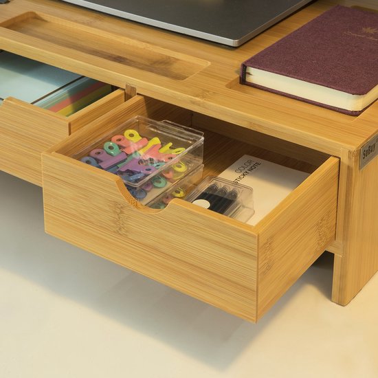 SoBuy BBF03-N Monitorständer Schreibtisch-Organizer mit 3 Schubladen - Bambus - 51x12x25cm