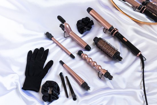 Sansbeauté® 6 in 1 Lockenstab mit Klemme - Keramisch - 13mm bis 38mm - Thermobürste - Lockenbürste - rosa
