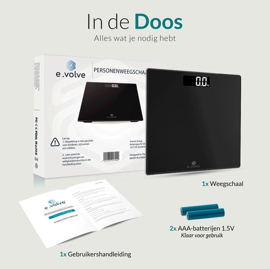 e.volve Personenwaage Digital - Präzisionswaage - Digitalwaage - Inkl. Batterien - Schwarz