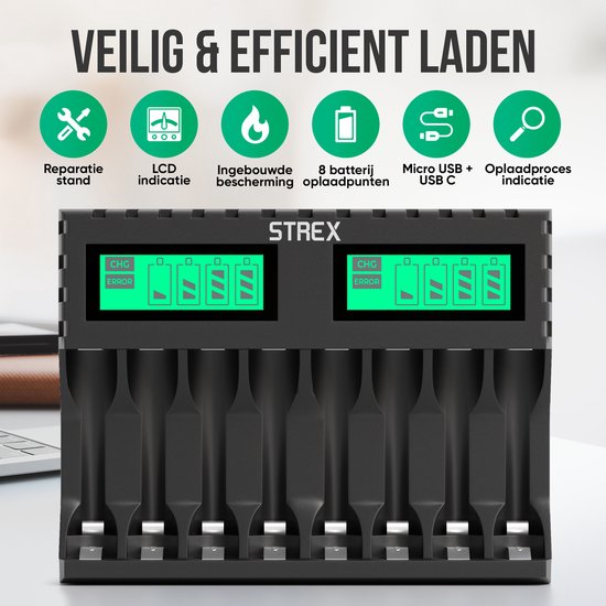 Strex Batterieladegerät - 8x AA/AAA-Batterien - USB aufladbar - LCD-Display - Für wiederaufladbare Batterien - Schwarz