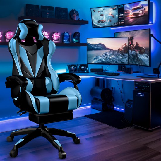Bayt Gaming Stuhl - Gaming Stuhl - Komfort Gamer Stuhl - Schwarz und Hellblau
