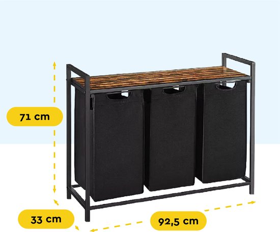 BRASQ Wäschekorb 3 Fächer - Wäschesortierer 114 Liter - Ausziehbar mit Regal 92,5x33x71 cm - Wäschebox Schwarz Metall - Braunes Holz - Korb
