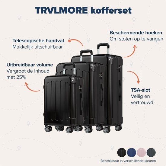 TRVLMORE - Kofferset - 3 Stück - 45L Handgepäck + 75L und 115L geräumiges Gepäck - TSA Schloss - Leichtgewicht - Reisekofferset - Schwarz