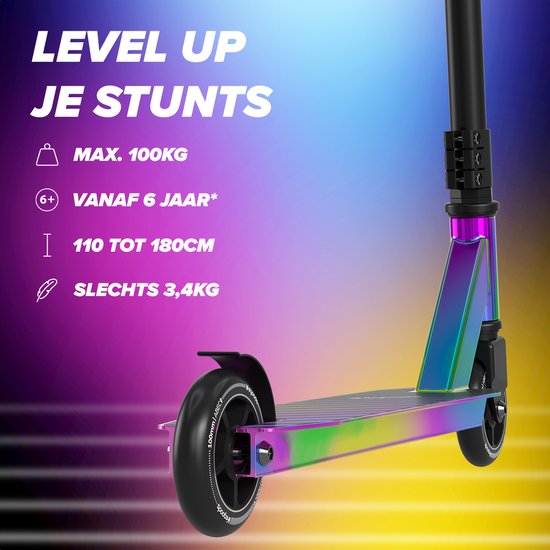 LifeGoods Stuntstep Fly Pro - 6+ Jahre - Schritt für Kinder - Jungen/Mädchen - 100mm - 100KG - Regenbogen