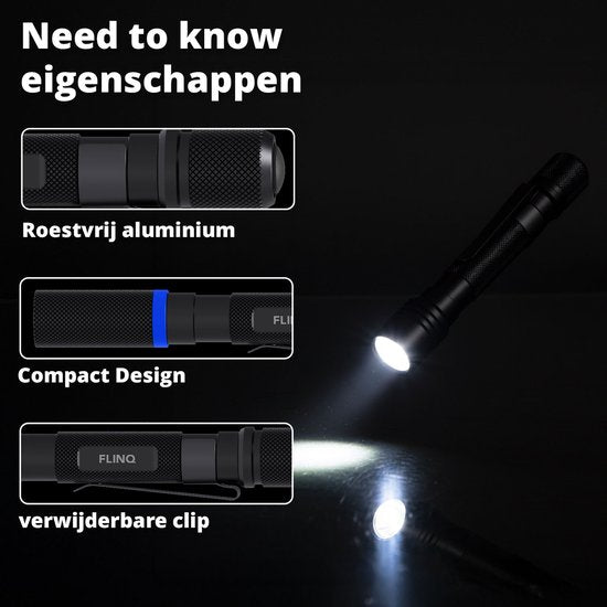 FlinQ Stift-Taschenlampe - 100 Lumen LED-Lampe - Batteriebetrieben - Wasserfeste Taschenlampe - Militärische Taschenlampe - Ideal für Notfallausrüstung - Geeignet für Kinder - 100 Meter Sichtbarkeit - 2 Taschenlampen