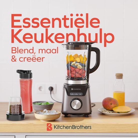 KitchenBrothers Mixer - Mit Trinkflasche - 1200W - 1.5L - Smoothie Maker - Edelstahl - Grau