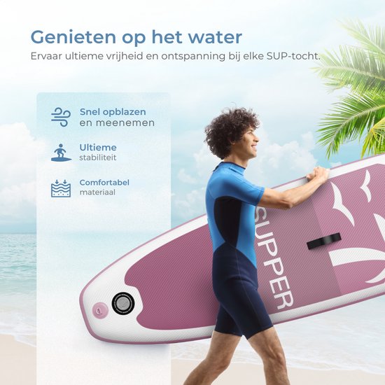 Supper Sup Board XL - Max 220KG - Aufblasbar - Paddle Board - Wasserdichte Handytasche - Pumpe - Finne - Leash - Tragetasche - 335 x 81 cm - Pink