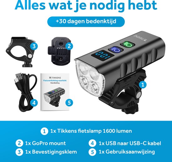 Tikkens LED Fahrradlicht - 1600 Lumen - USB Wiederaufladbar - Mit Powerbank - MTB & Rennrad Beleuchtung - Wasserdicht
