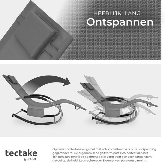 tectake® Liege Taya - Ergonomische Liege für Garten, Terrasse, Balkon - Relaxsessel mit Wippfunktion - Gartenstuhl mit bequemen Armlehnen, Kopfstütze und Ablagefach - wetterfest und wasserabweisend - 120kg Tragkraft - Grau