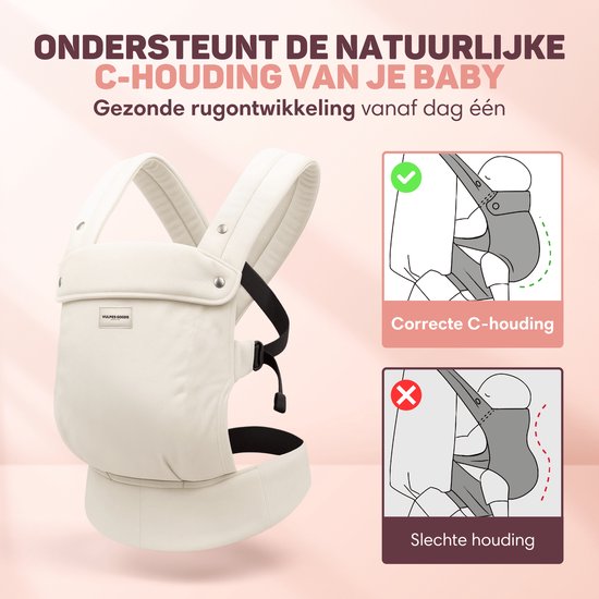 Vulpes Goods® BabyCare Babytrage - Ergonomisch - 0-36 Monate - Luxus-Bauchtrage bis zu 20 kg - OEKO-TEX® Baumwolle - Freihändiger Komfort - Mit Rückenstütze & M-Position - Creme