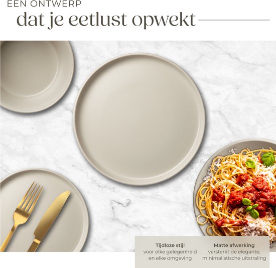 tectake® Geschirrset Una - 24-teilig - Steingut - 6 Personen - Stilvolles und langlebiges Geschirr - Tellerset mit großen und kleinen Tellern, Schalen, Schüsseln, Schälchen - Taupe