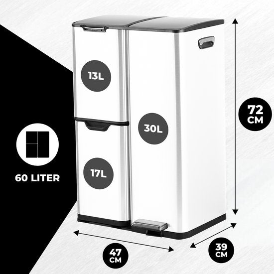 Bayt Mülleimer - Mülleimer 60 Liter - Mülleimer 60 Liter - Treteimer 60 Liter - Mülleimer Abfalltrennung - Mülleimer 3 Fächer - Mülleimer - Edelstahl - Weiß