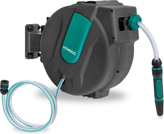 VONROC Wand-Schlauchbox - Inkl. 25m Gartenschlauch, Verbindungsschlauch, Tülle, Kupplungen & Wasserhahnanschluss - Automatisches Aufrollsystem